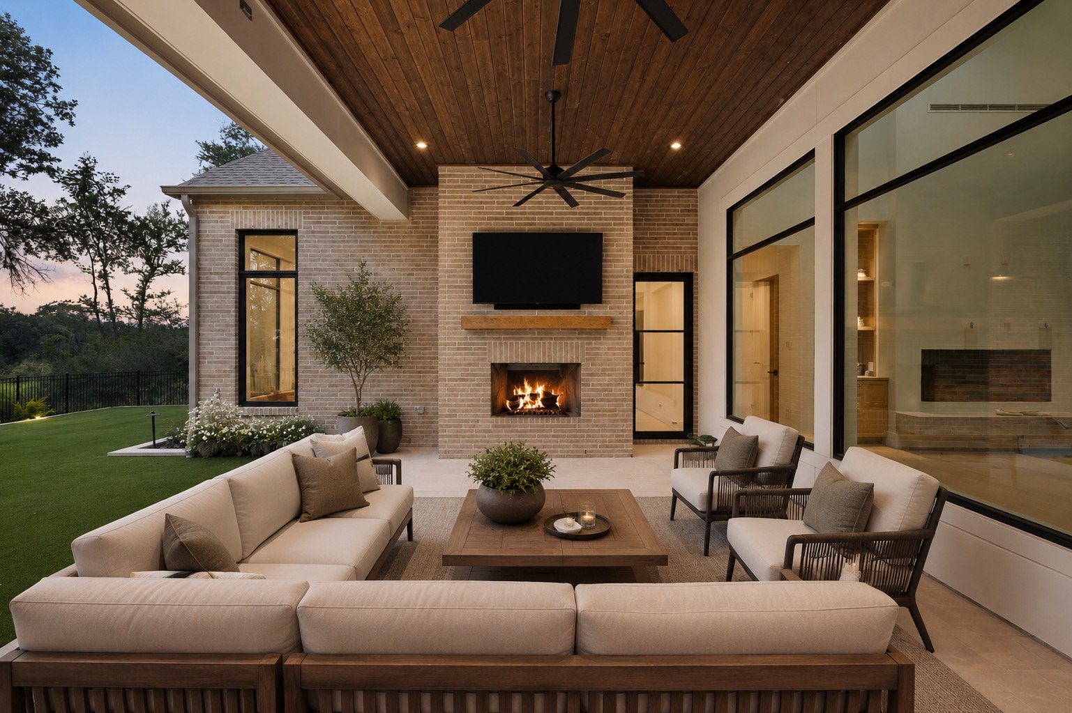 Covered patio with comfortable outdoor living space overlooking the fairway