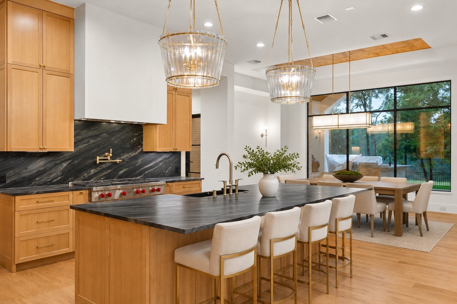 Luxury kitchen with custom stained white oak cabinetry and oversized island