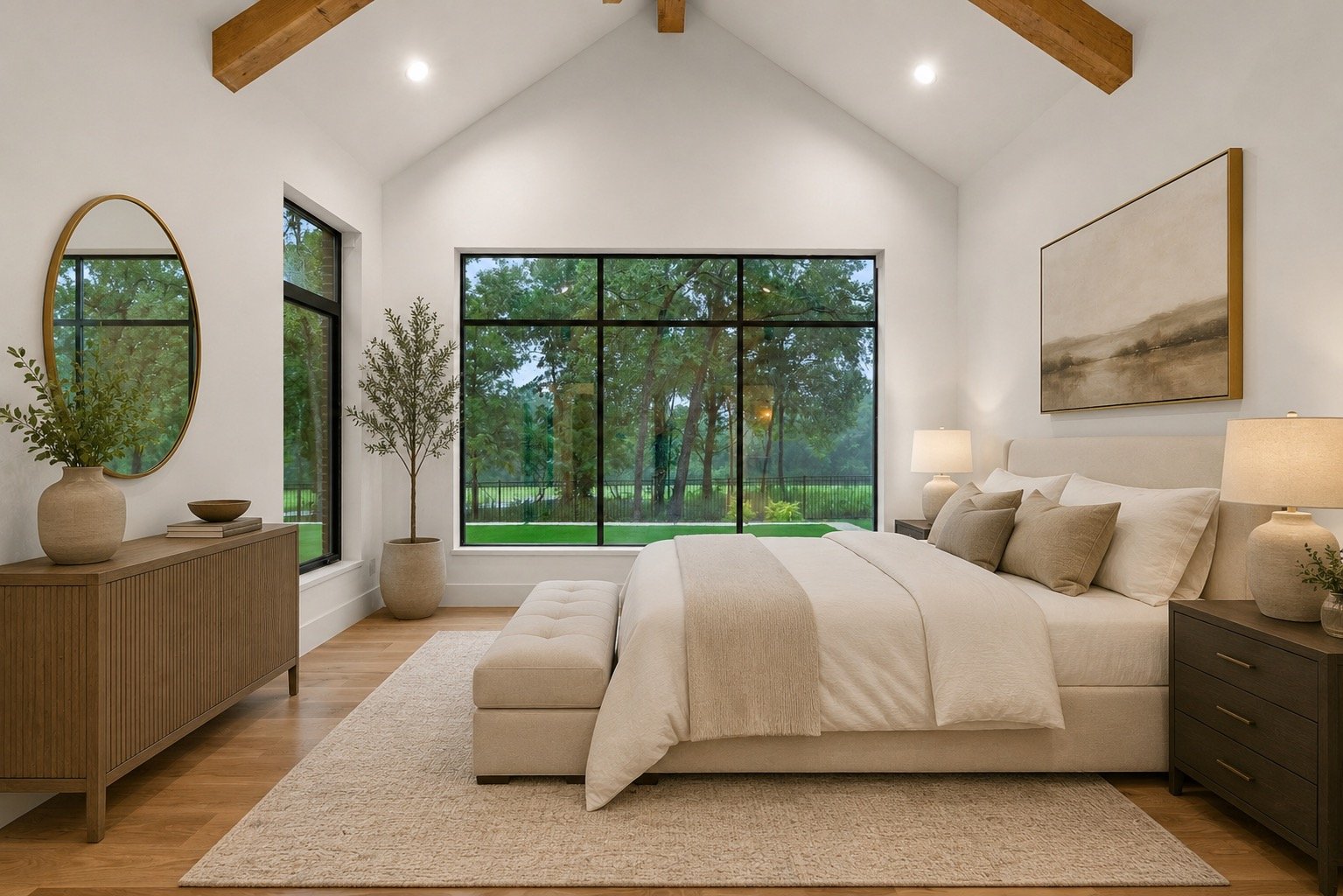 Spacious primary bedroom with views of the golf course