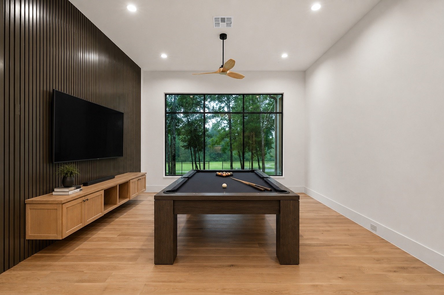 Flexible media room designed for watching sports and entertaining guests
