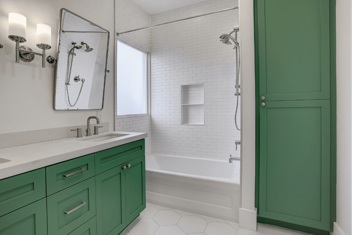 Green Cabinets in Custom Bathroom in Houston