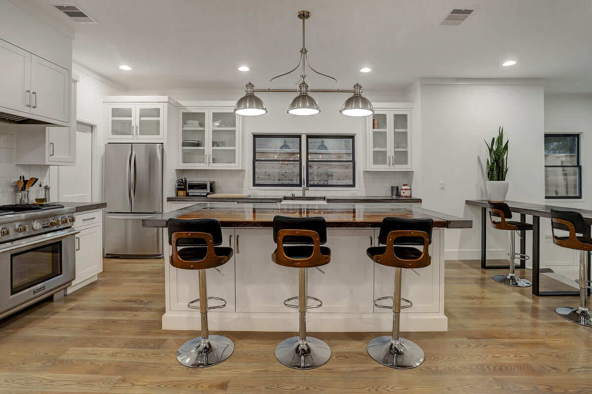 Ashland 1418 Houston Additon & Remodel White Modern Kitchen with Custom Concrete Island