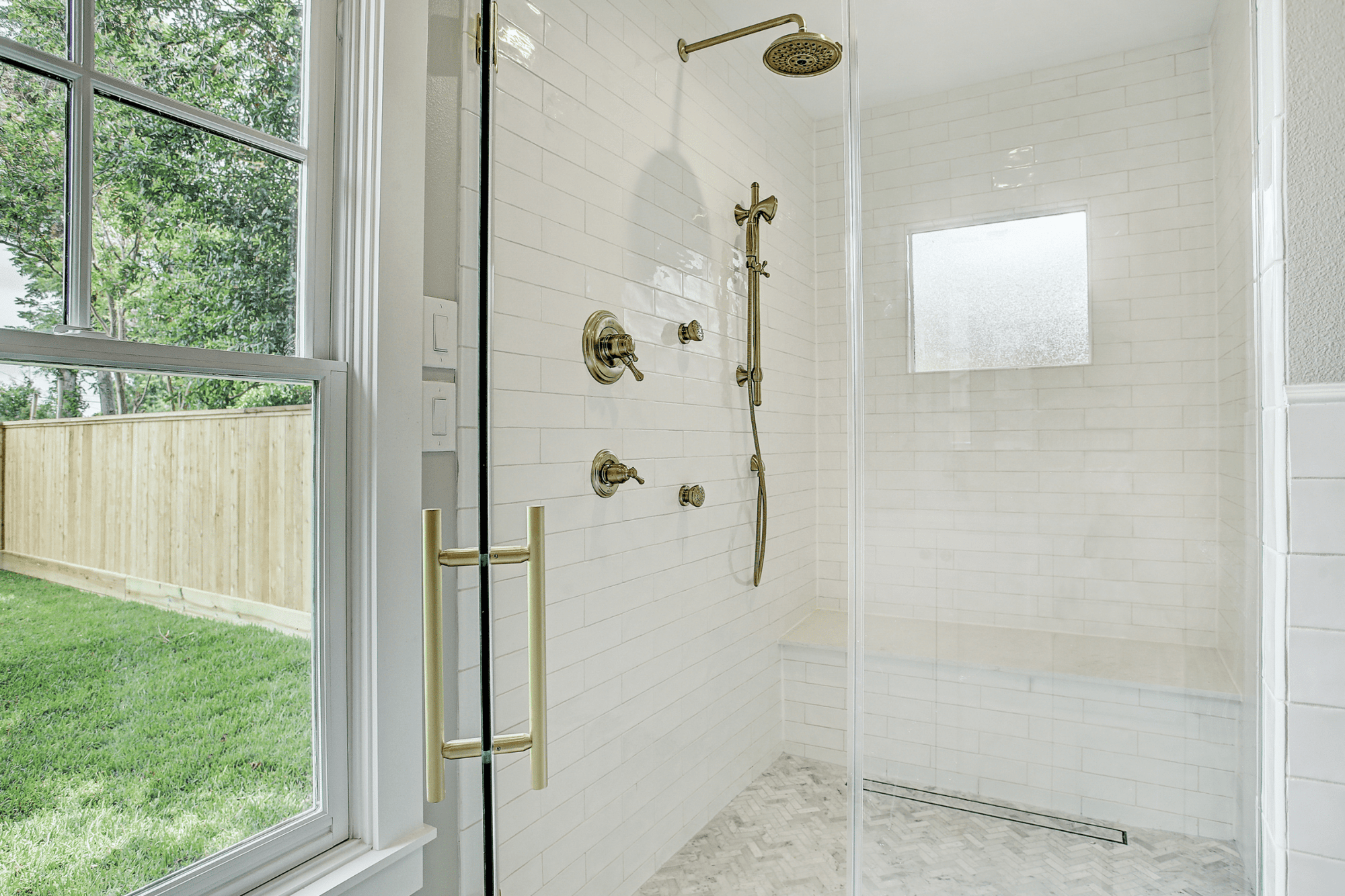 EleanorMatte Brass Spa Style Shower Master Bathroom In Houston