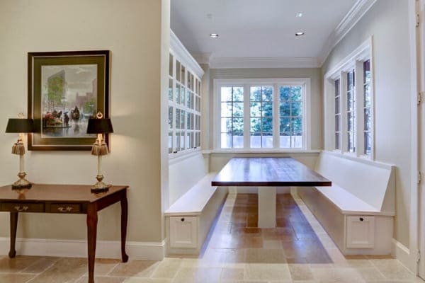 Built-in table and seating in a breakfast nook in Houston, Texas remodel