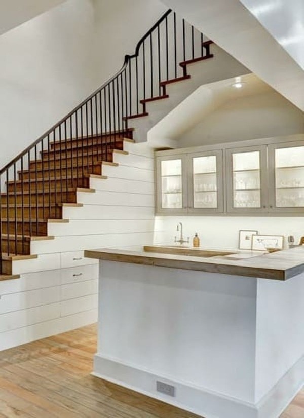 In-home bar with ship lap drawers and stair storage